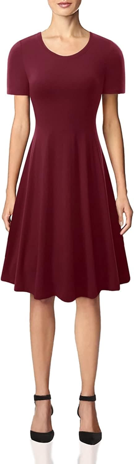 HUHOT Winter Dress, Womens Basic Short Sleeve A Line Party Midi Dress XX-Large, Wine-1