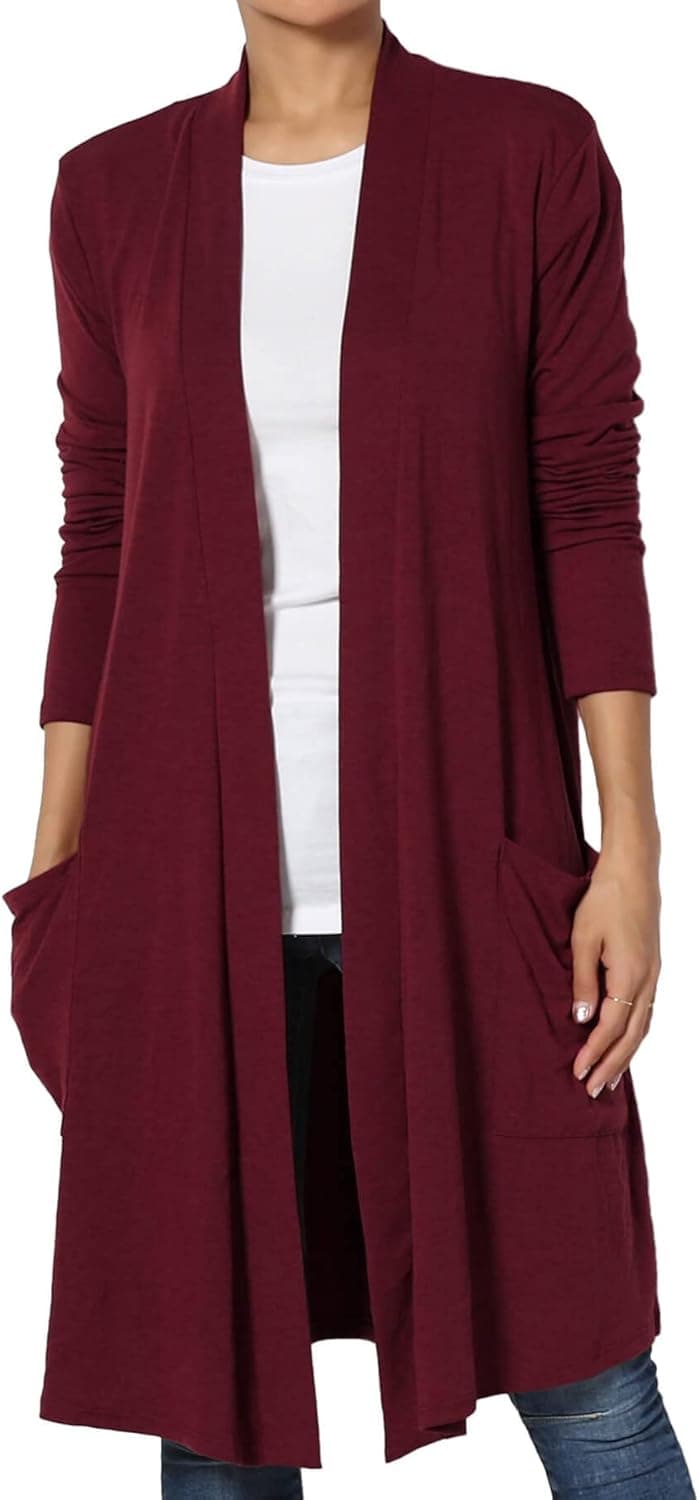 TheMogan Women's S~3X Casual Long Sleeve Pocket Open Front Jersey Knit Cardigan Duster
