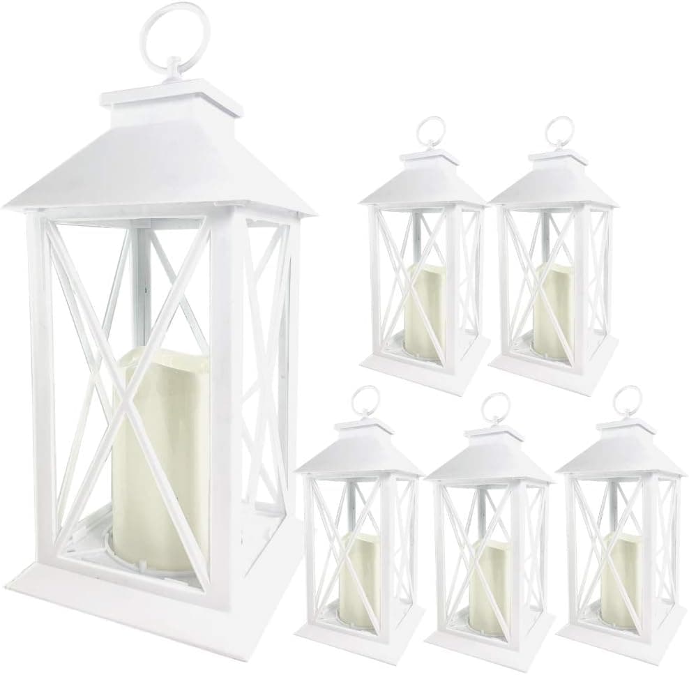 White Decorative LED Lanterns with Cross Bar Design - Lanterns with Flameless Pillar Candles Included - 5 Hour Timer Included - Hanging or Sitting Decoration - Set of 6-13"H