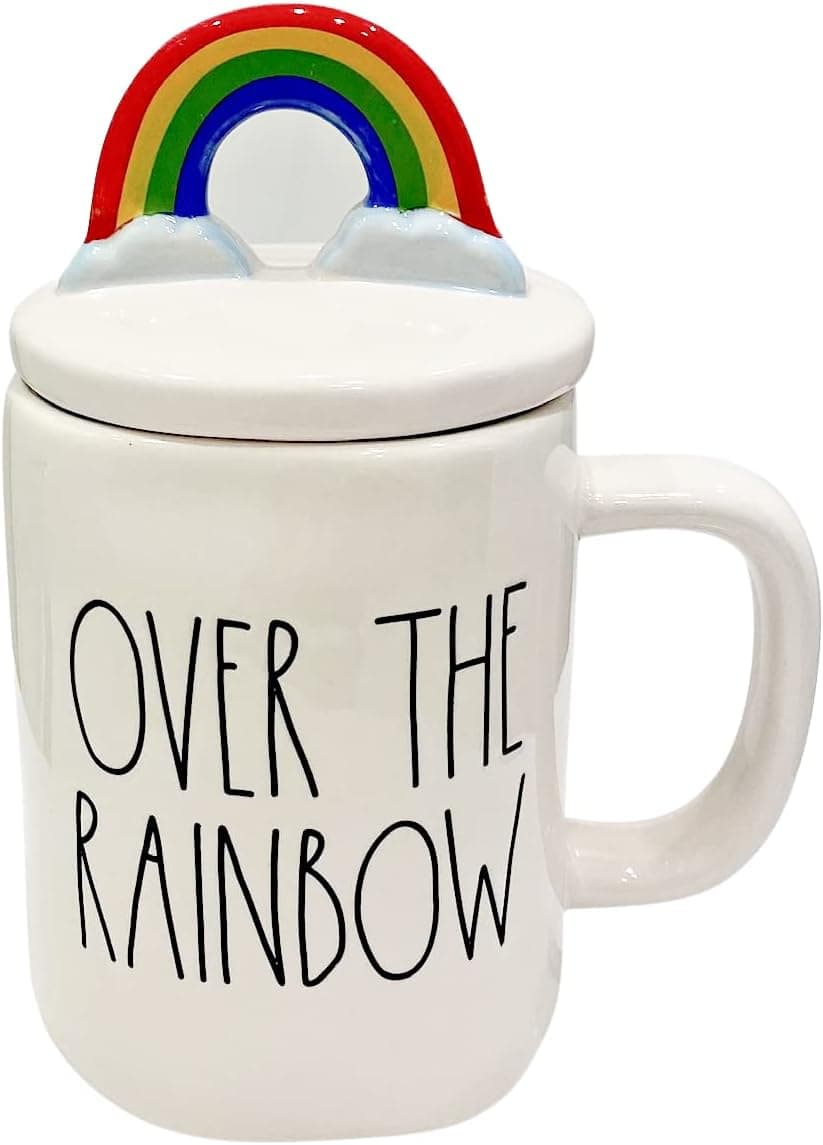 Rae Dunn Finely Glazed Ceramic Lidded Coffee Mug Inscribed OVER THE RAINBOW with Rainbow Lid