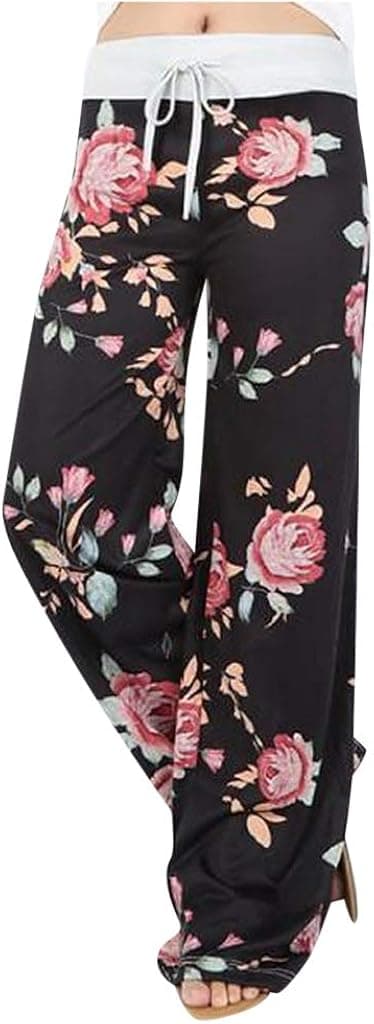 ZEFOTIM Womens Comfy Stretch Floral Print Drawstring Wide Leg Lounge Pants