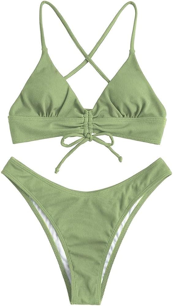 ZAFUL Women's Bikini Swimsuit Floral Print Lace Up V Neck Two Pieces Bathing Suit