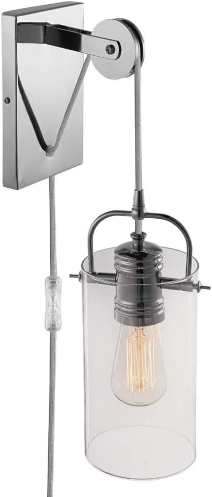 Globe Electric Nordhaven 1-Light Plug-In or Hardwire Wall Sconce, Chrome Finish, Pulley Accent 65946