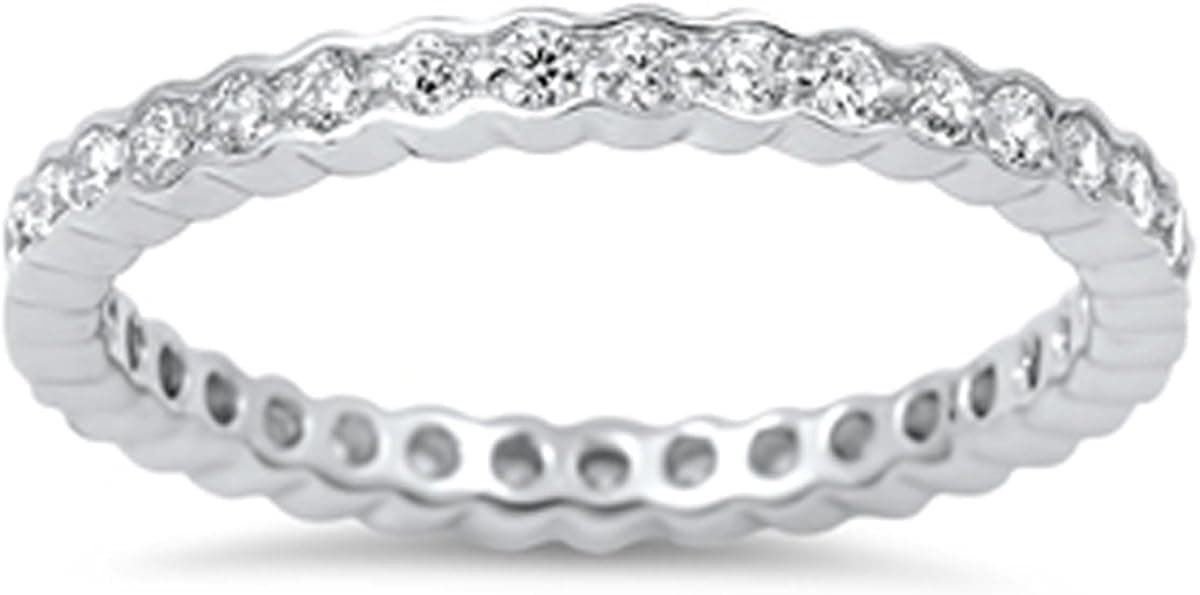 Sterling Silver Women's Flawless Colorless Cubic Zirconia Stackable Wave Eternity Ring (Sizes 5-10)