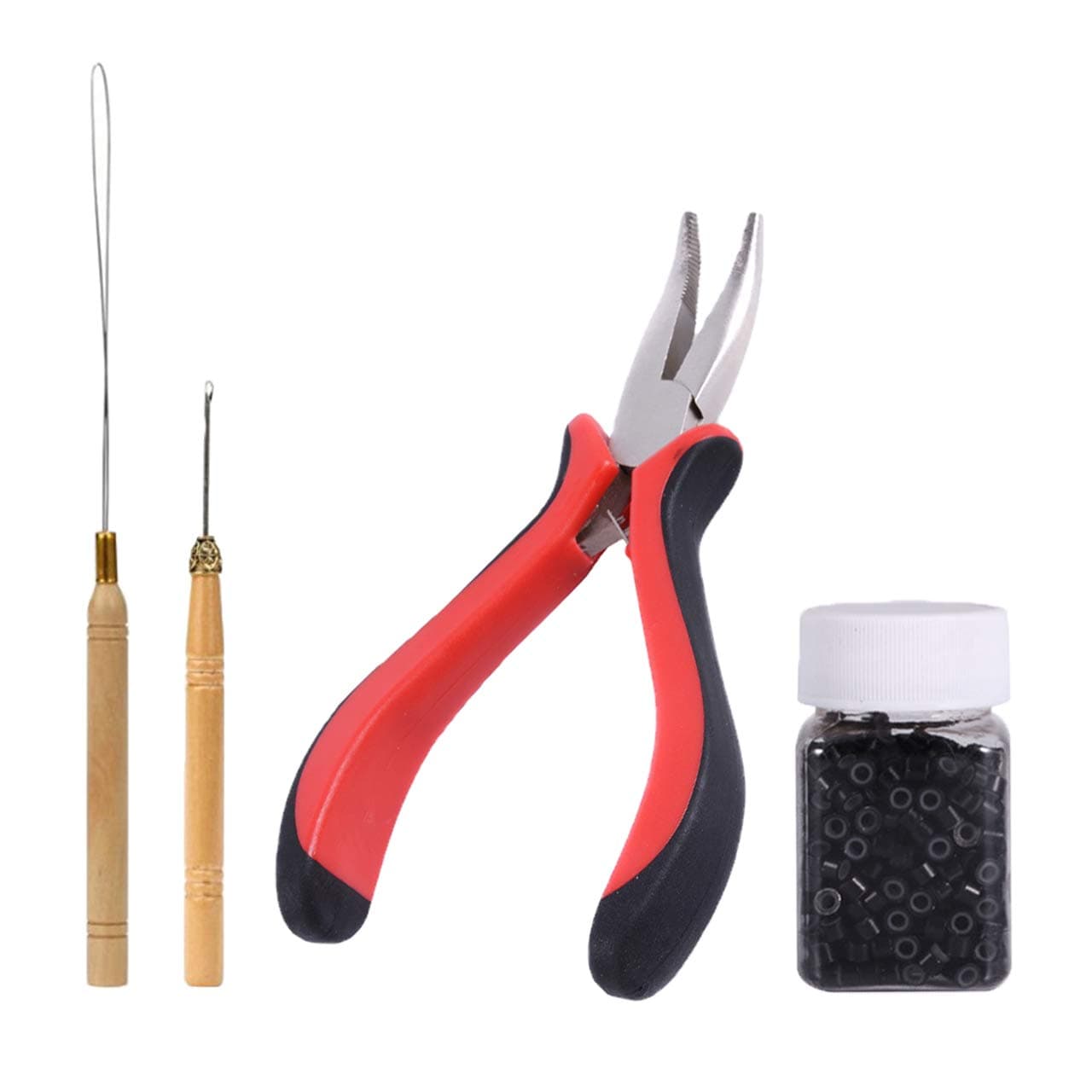 MEICOLY Hair Extension Bead Kit Pliers Pulling Hook Bead Device Tool with 500PCS Silicone Lined Micro Rings in Bottle,Black
