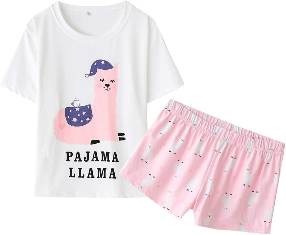 YIJIU Women Short Sleeve Tee and Shorts Pajama Set Cute Alpaca Print Sleepwear