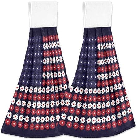 Summer Flowers American Flag Kitchen Hanging Hand Towels,4th of July Patriotic Absorbent Tie Towel with Loop 2 PCS Kitchen Linen Sets for Bathroom Restroom Home Decor