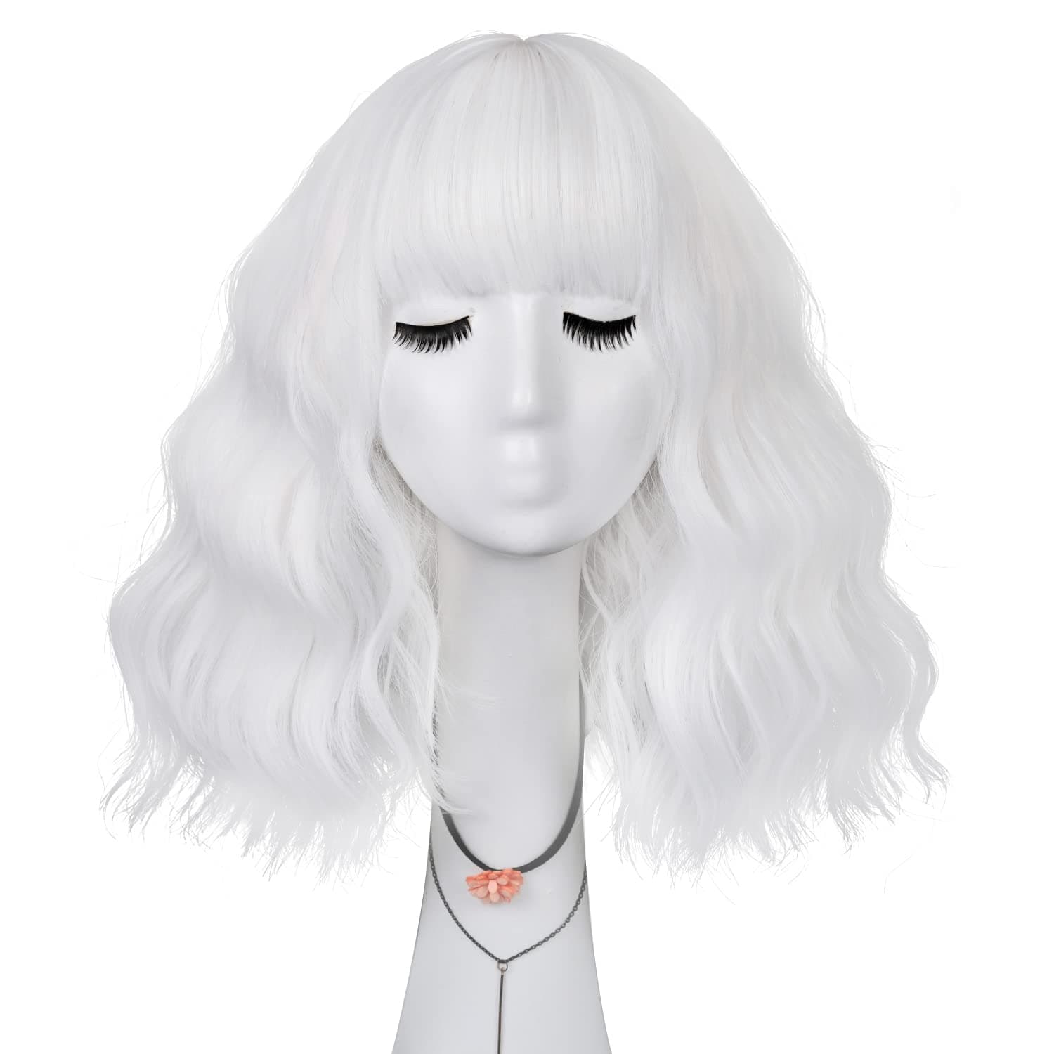 LABEAUTÉ White Wig Short Bob Wig for Women, Shoulder Length Curled Synthetic Wigs for Daily Use, Cosplay and Wig Theme Parties- 14inch