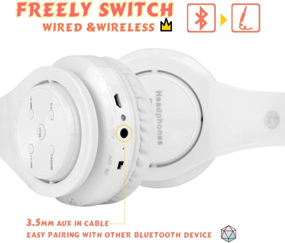 Midola Volume Limited 85dB Kids Headphone Bluetooth Wireless Over Ear Foldable Stereo Sound Noise Protection Headset with AUX 3.5mm Cord Mic for Boys Girls Kids Cellphone pad Tablets TV White