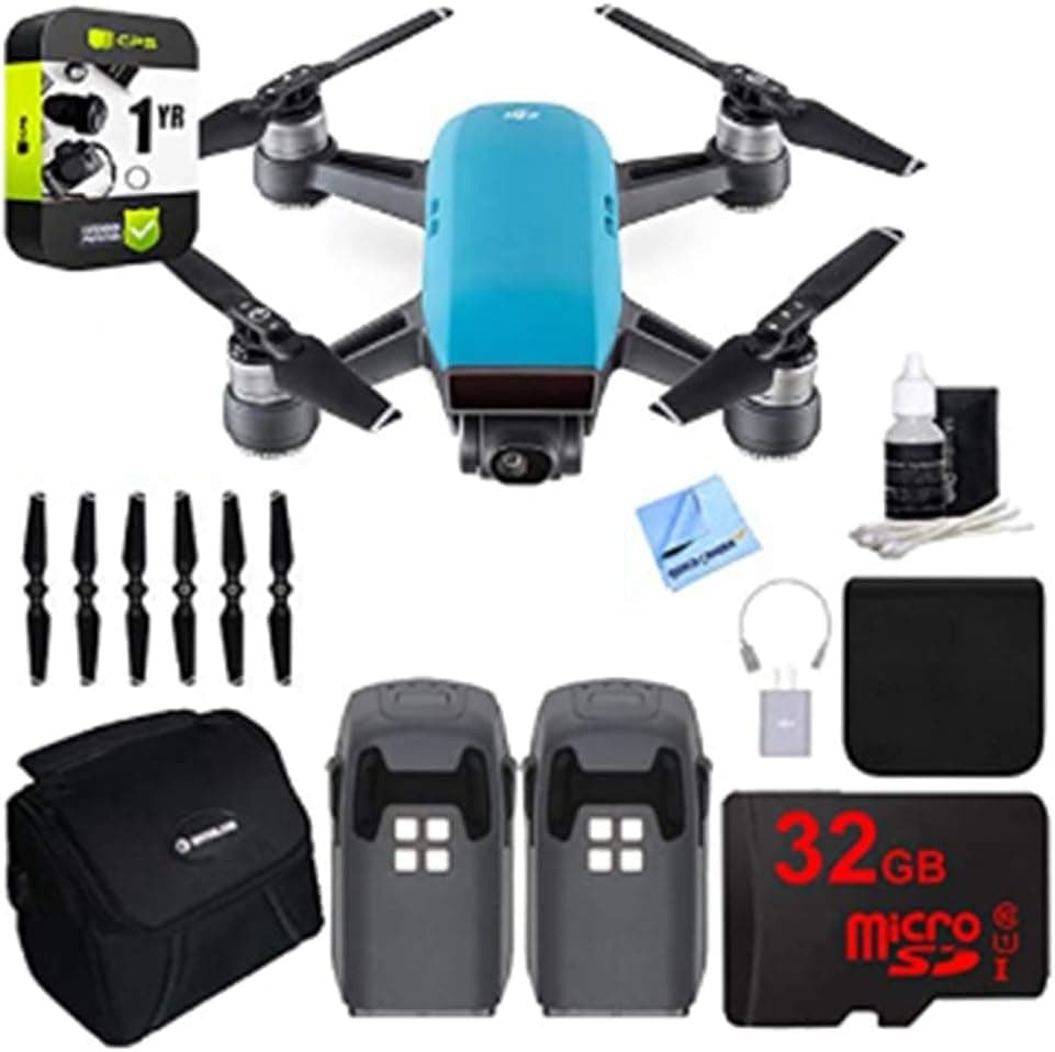 DJI Spark Intelligent Portable Mini Quadcopter Drone Sky Blue Bundle with 1 YR CPS Enhanced Protection Pack, Intelligent Flight Battery, 32GB Memory Card and Bag with Accessories (9 Items)