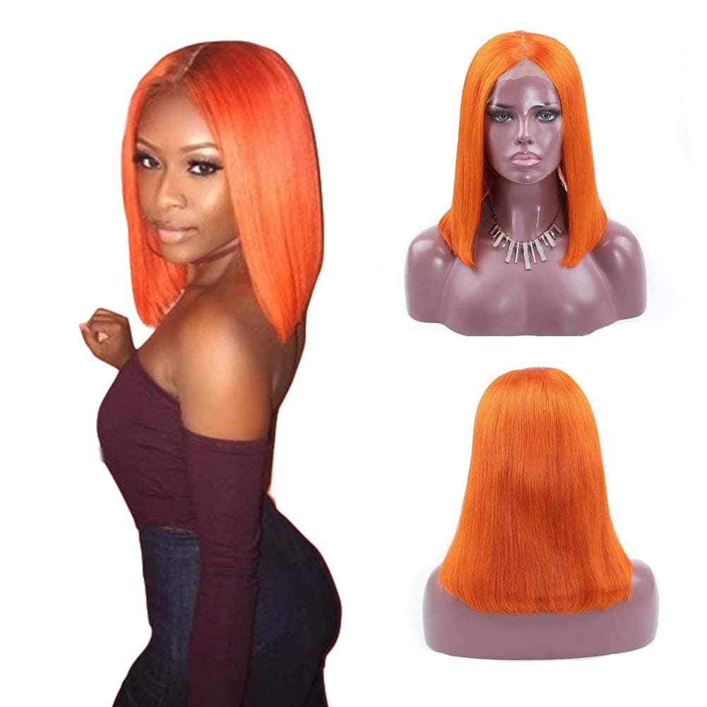 Short Bob Lace Front Wigs Straight Synthetic Wigs for Women Half Hand Tied Orange Lace Wig with Side Parting Heat Resistant Christmas Halloween Cosplay Wig(12 inches)