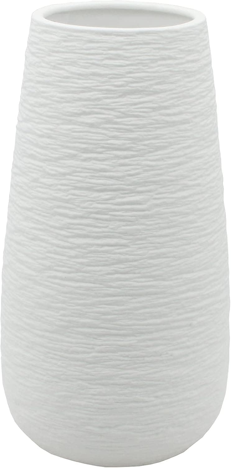 Ceramic Vase, 10 inch Ceramic Vase, Large Rounded Vase, Textured Ceramic Vase, Modern Geometric Pattern Floral Vases, Tall Porcelain Floral Arrangement for Home Décor, Cylinder Bouquet Holder (White)