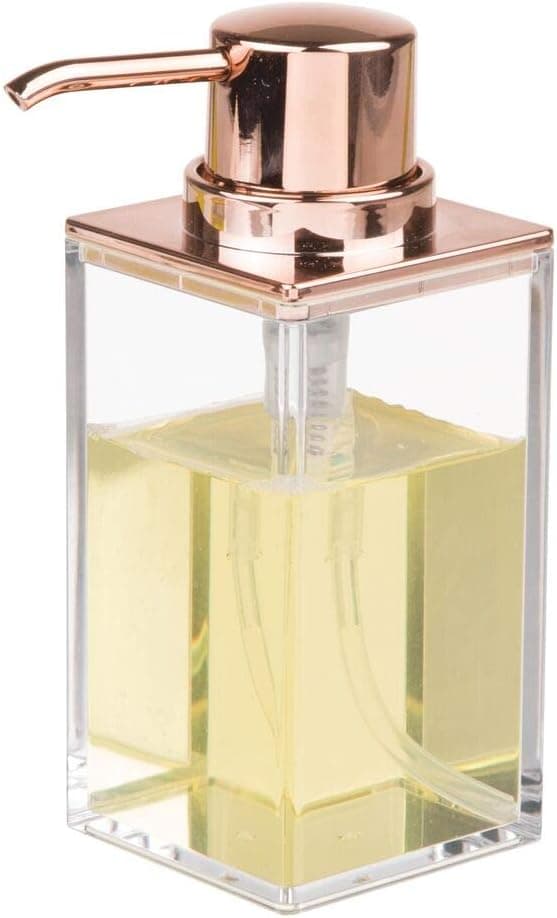 mDesign Modern Square Plastic Refillable Liquid Soap Dispenser Pump Bottle for Bathroom Vanity Countertop, Kitchen Sink - Holds Hand Soap, Dish Soap, Hand Sanitizer, Essential Oil - Clear/Rose Gold