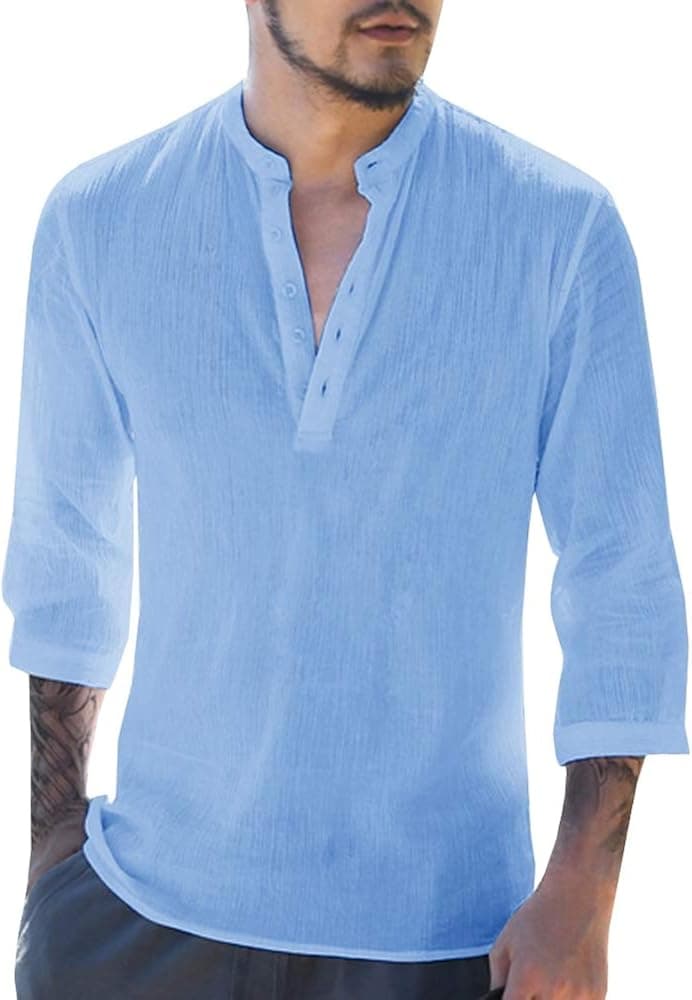 Makkrom Mens Linen 3/4 Sleeve Henley Shirts Cotton Loose Casual Summer Beach T Shirt Tops
