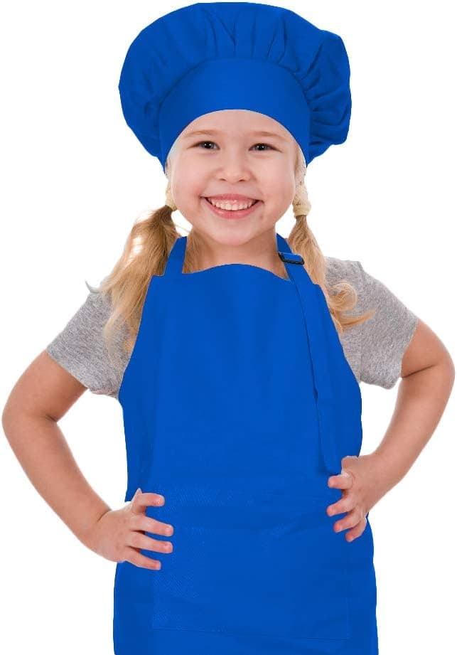 CRJHNS Kids Apron and Chef Hat Set, Adjustable Cotton Child Aprons with Large Pocket Blue Girls Boys Kitchen Bib Aprons for Cooking Baking Painting