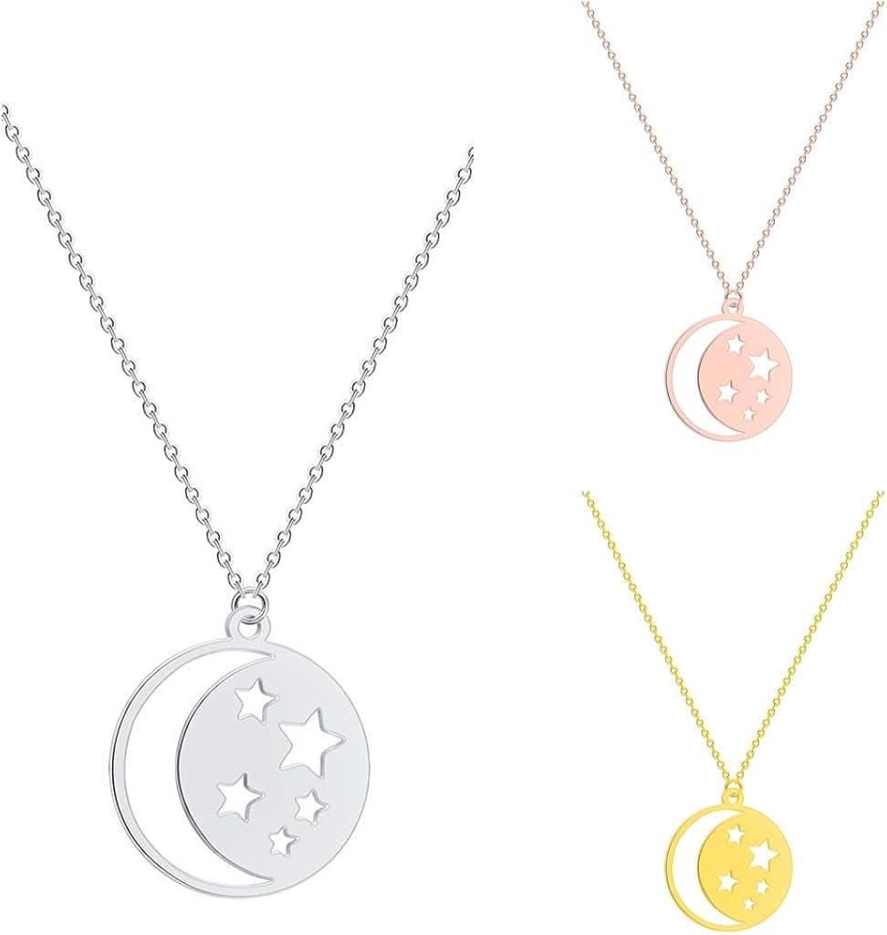 QIAMNI Crescent Moon Star Pendant Necklace for Women Round Geometric Necklace Lover Gifts Birthday Universe Jewelry