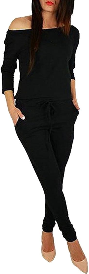 Fixmatti Women Long Sleeve Slash Neck Lace up Casual Jumpsuits Black S