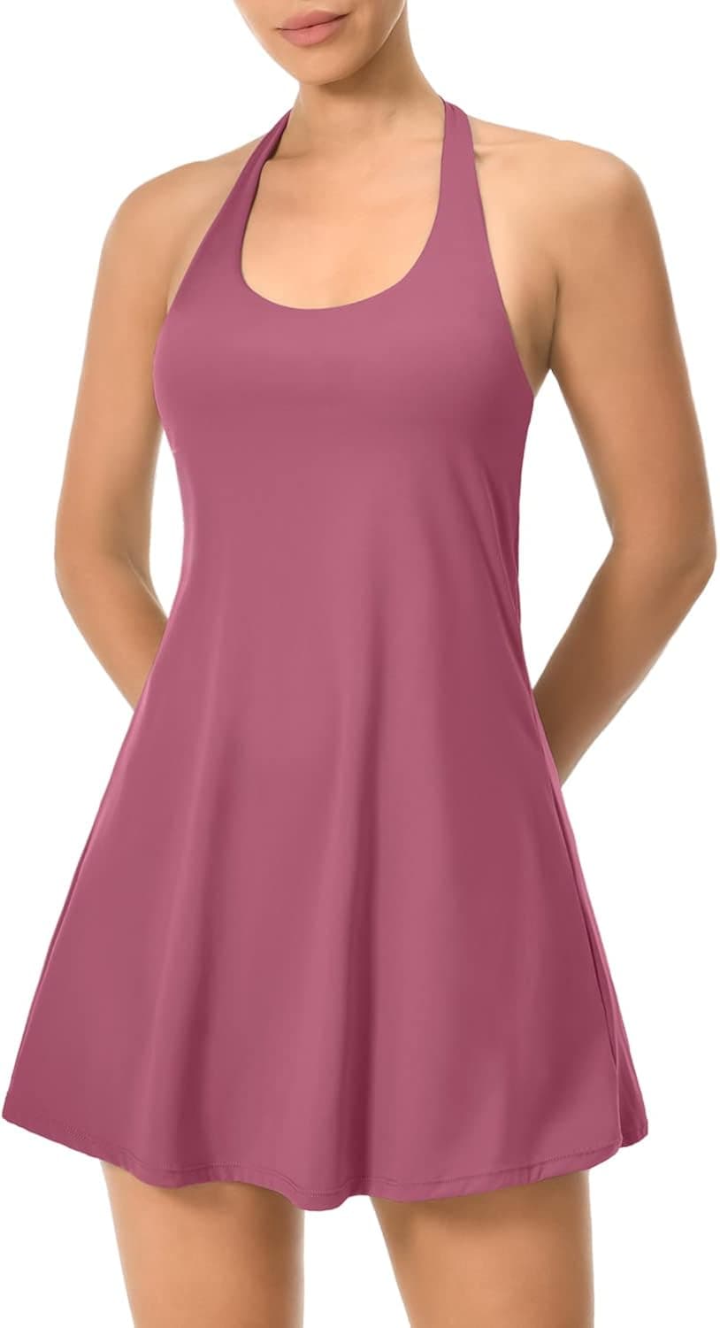 colorskin Women's Halter Neck Tennis Dress with Built in Shorts & Bra Workout Dress Exercise Golf Athletic Dress for Women