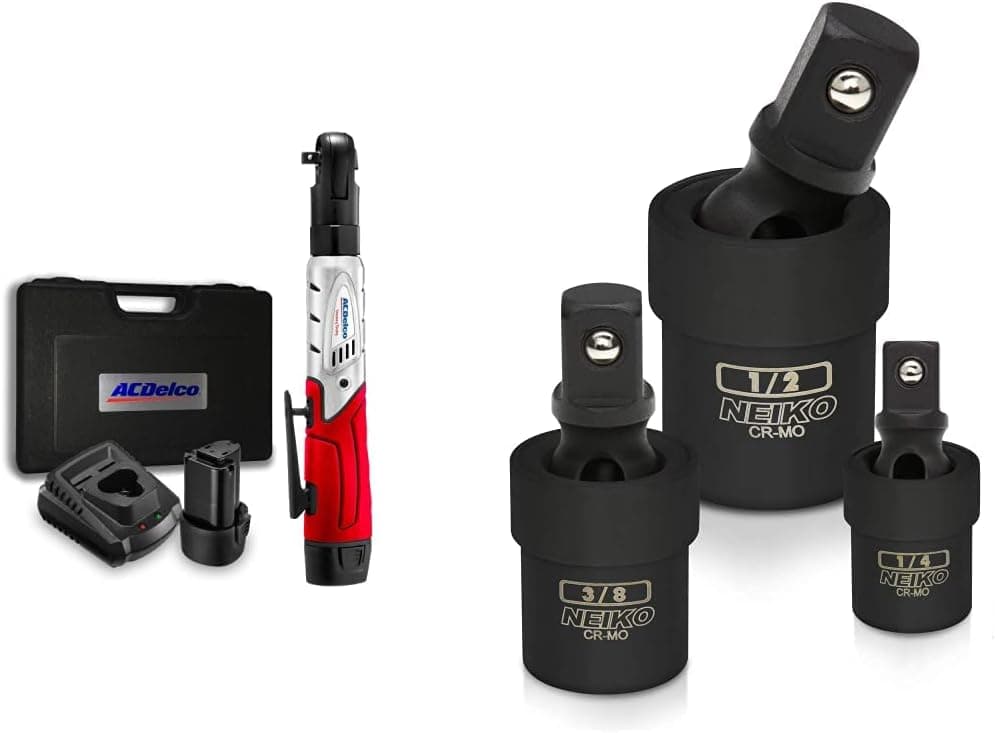 ACDelco ARW1201 G12 Series 12V Cordless Li-ion 3/8” 57 ft-lbs. Ratchet Wrench Tool Kit & NEIKO 02486A Impact Universal Joint-Socket Swivel Set, Socket Extension Set Made From Cr-Mo
