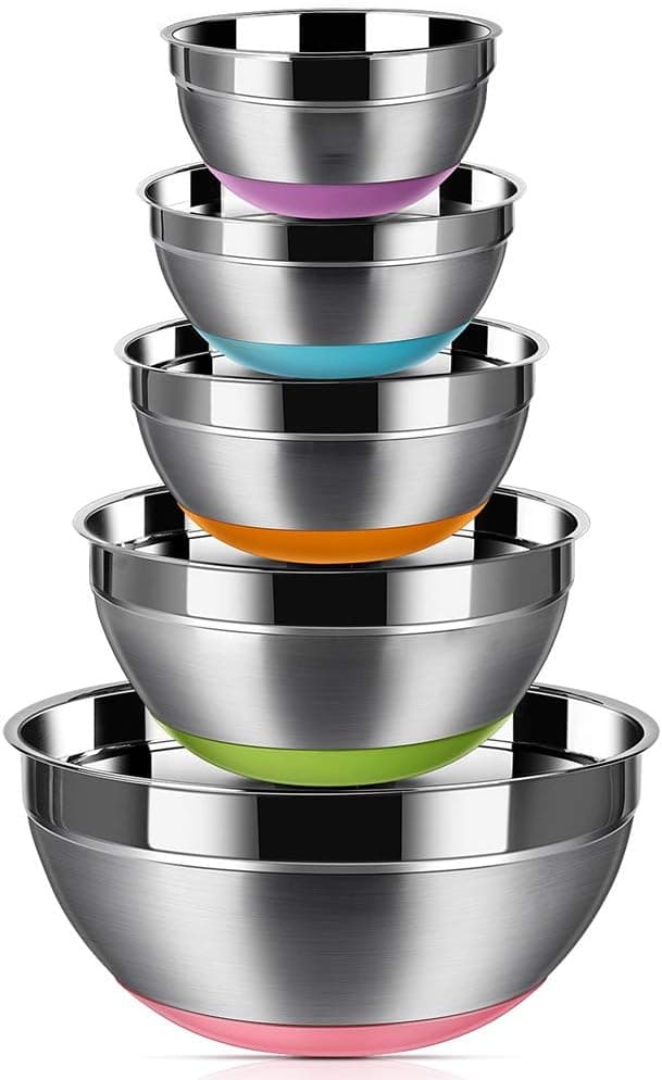 REGILLER Stainless Steel Mixing Bowls (Set of 5), Non Slip Colorful Silicone Bottom Nesting Storage Bowls, Polished Mirror Finish For Healthy Meal Mixing and Prepping 1.5-2 - 2.5-3.5 - 7QT (Colorful)