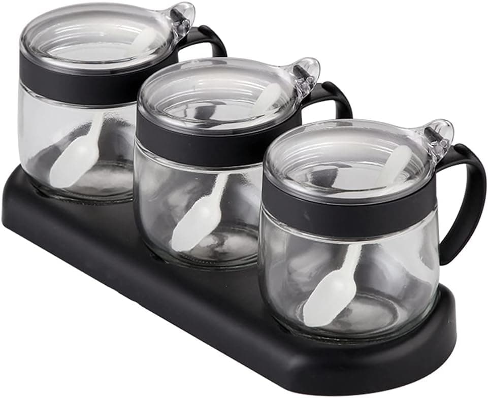 Glass Condiment Spice Jars,12oz/350 ml Condiment Jar Spice Container with Lids and Spoons and Tray,Clear Glass Condiment Canisters,3Pack Seasoning Box Bowl Set for Sugar Pepper,for Kitchen,Counter