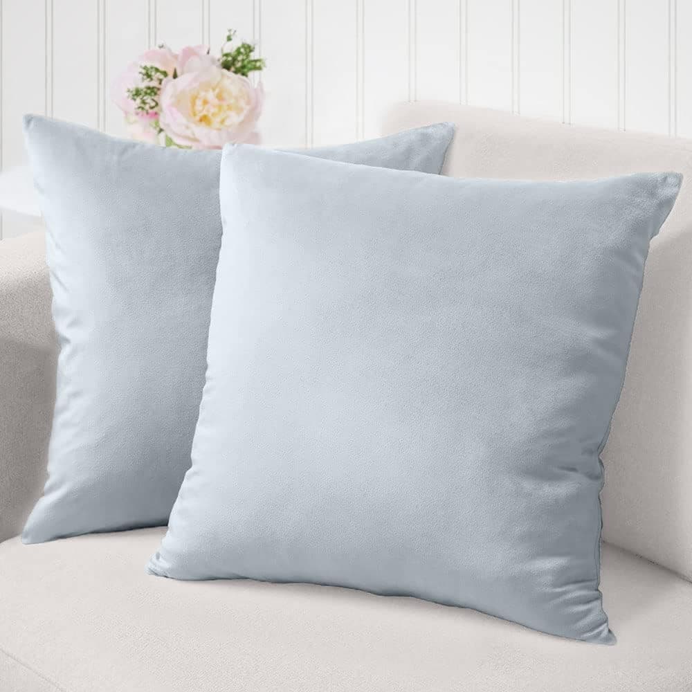 The Connecticut Home Company Velvet Throw Pillow Covers, 24x24 Set of 2, Soft Decorative Square Pillowcases, Luxury Home Décor Accent Cushion Cases for Livingroom Couch, Bedroom, Sofa Bed, Pale Blue
