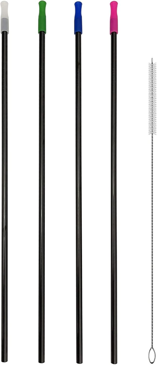 4-Pack 12 Inch Black Color Extra Long Stainless Steel Straws, 0.24 Inch Wide Reusable Metal Drinking Straws for Tall Tumblers with 4 Silicone Tips and 1 Cleaning Brush