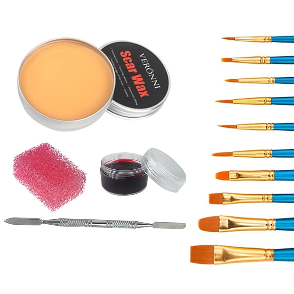 Special Effects Stage Makeup Wound Modeling Scar Makeup Wax, with Spatula,Scab Blood + Pink Stipple Sponge (01)