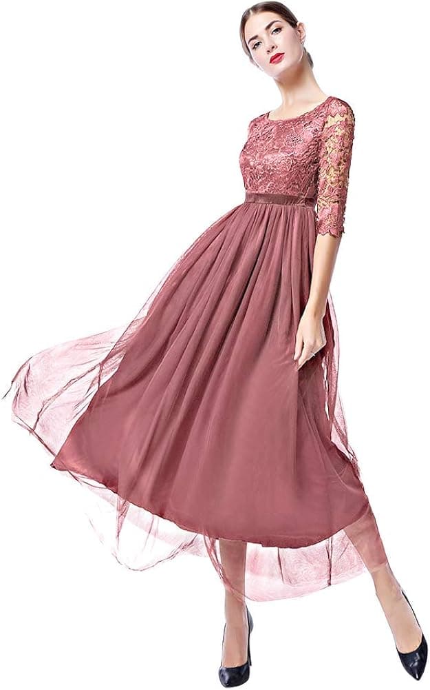Women Retro Floral Lace Long Dress 1/2 Sleeve Bridesmaid Wedding Evening Party Cocktail Maxi Gown Pink M
