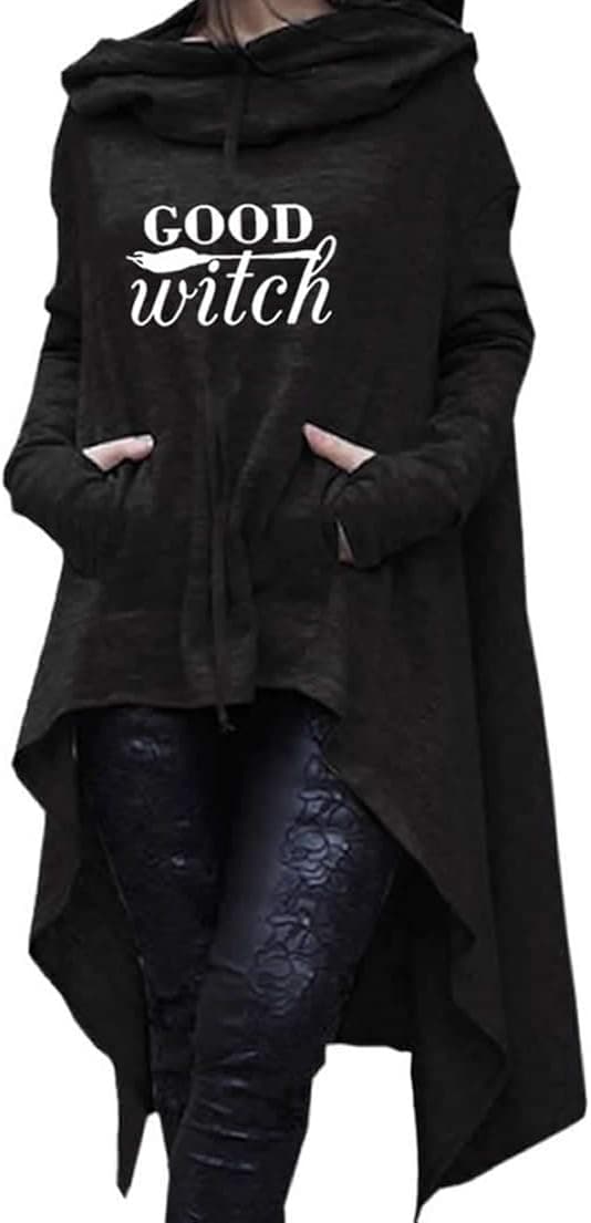 Dropeon Women's Good Witch Halloween Pullover Long Hoodie Irregular Hem Loose Tunic Sweatshirts
