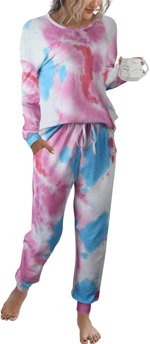 Prinbara Women’s Tie Dye Two Piece Loungwear Set Long Sleeve Shirt with Long Pants Long Pajamas Sets Purple 1PA94-zilanbai-S