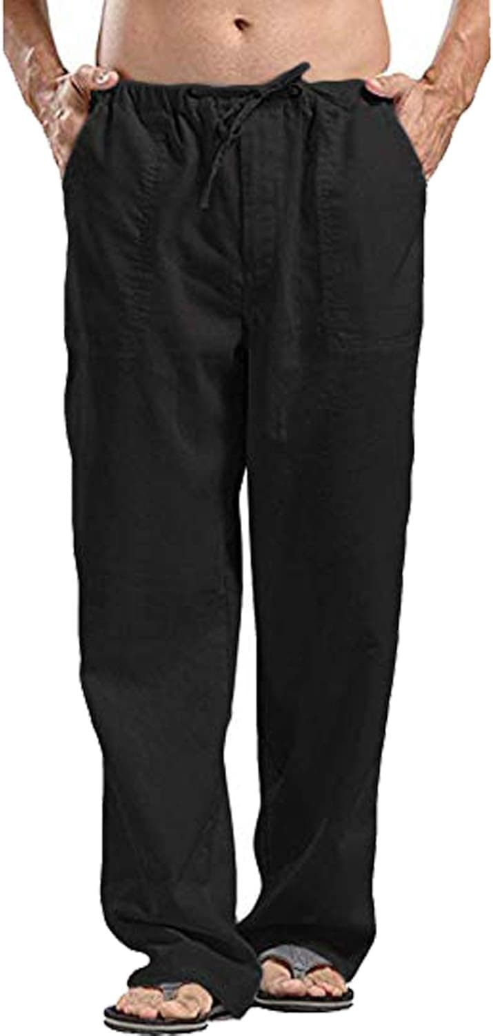COOFANDY Mens Linen Cotton Loose Casual Lightweight Elastic Waist Straight Pants