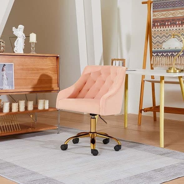 Velvet Fabric Home Office Chair with Gold Metal Legs for Home Office Pink