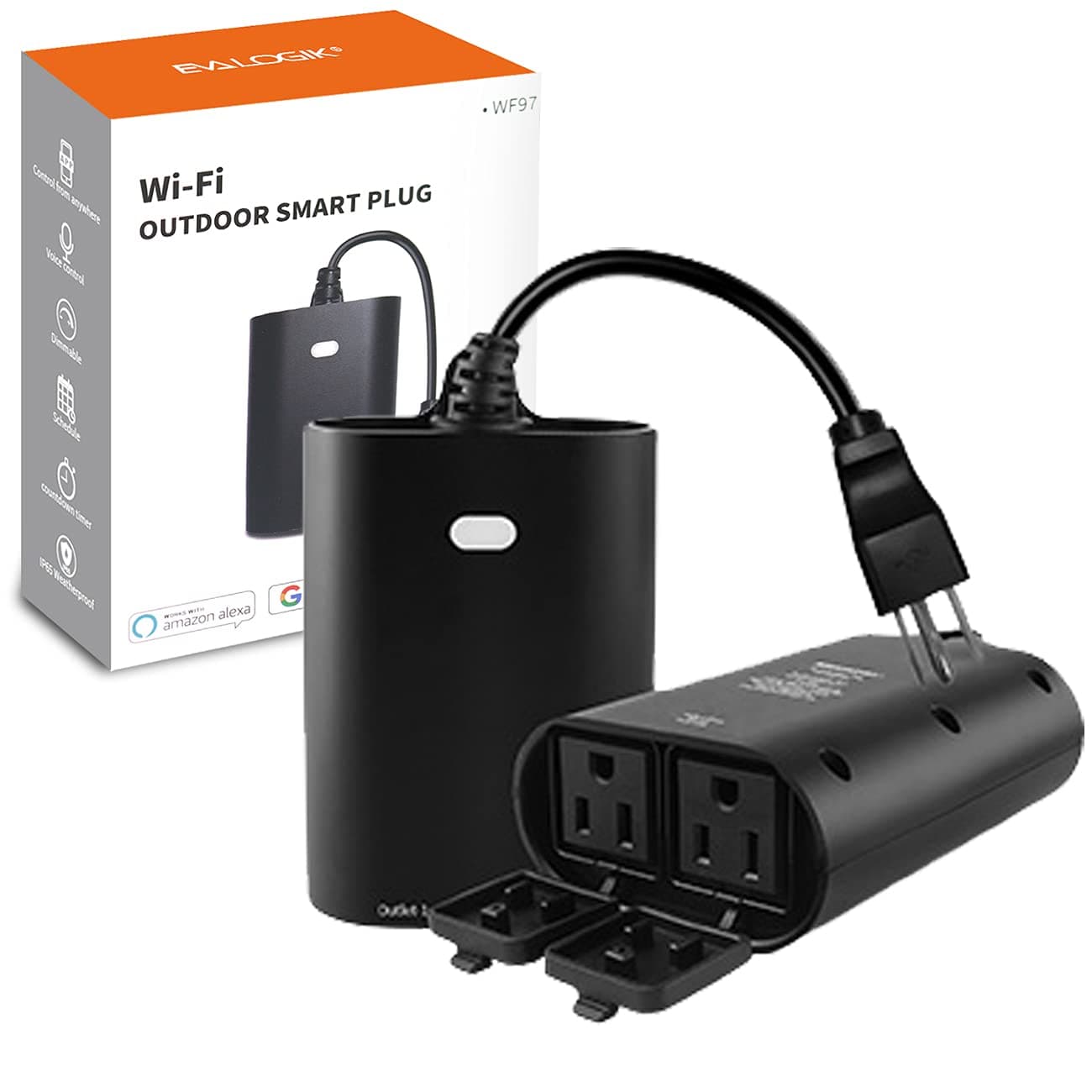 Outdoor Smart Plug, 2.4G WiFi Light Outlet Compatible with Alexa and Google Home, 2 Independent Smart On/Off Outlet, IP65 Waterproof (WF97)