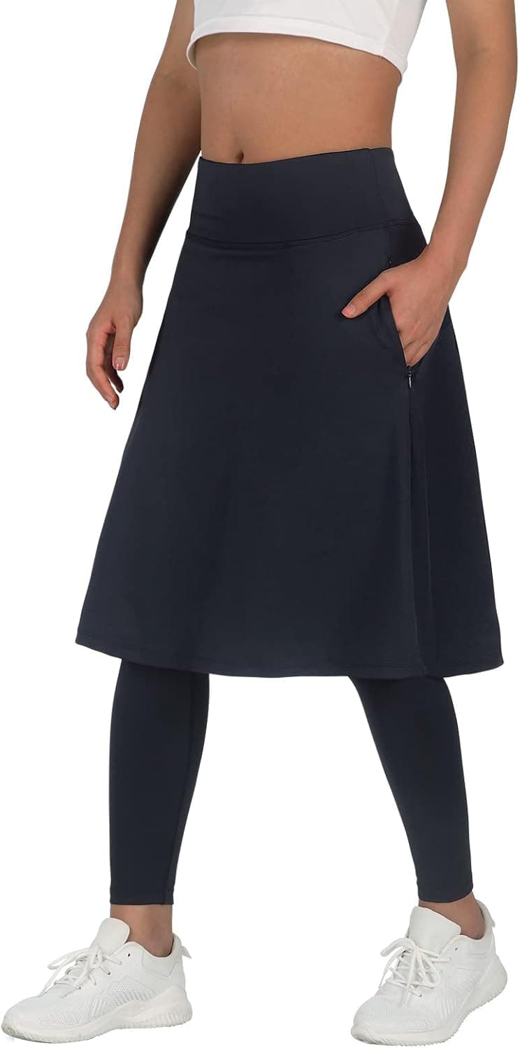 ANIVIVO Women Long Knee Length Skirt with Capris Leggings,Skirted Leegings with High Waisted Zipper Pockets