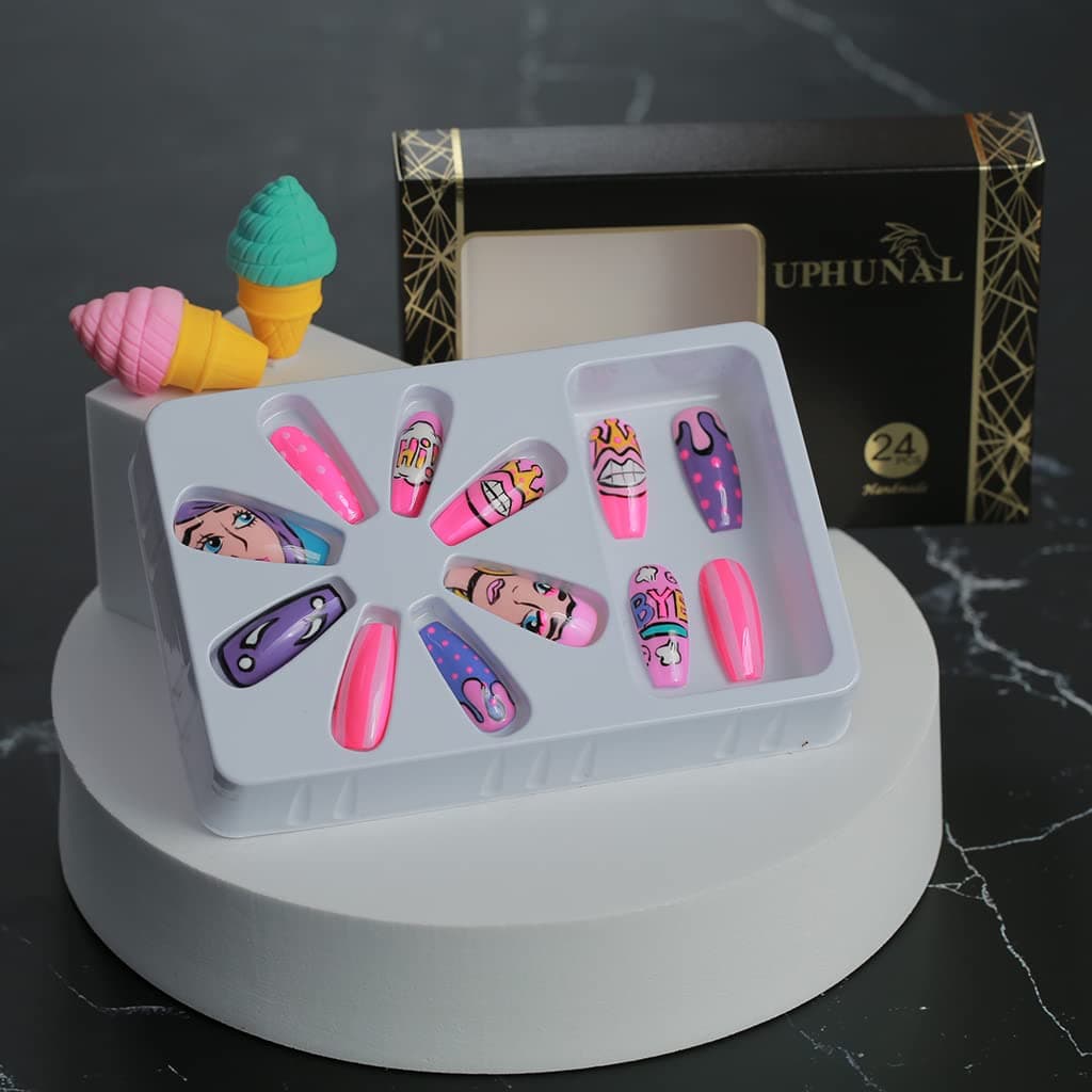 UPHUNAL Handmade False Nails Set Long Press on Nails 24Pcs Coffin Fake Nails for Any Occasions Reusable Acrylic Glossy Artificial Nails with Nail File Best for Mums or Ladies’ Gifts(Pink Purple Girl)