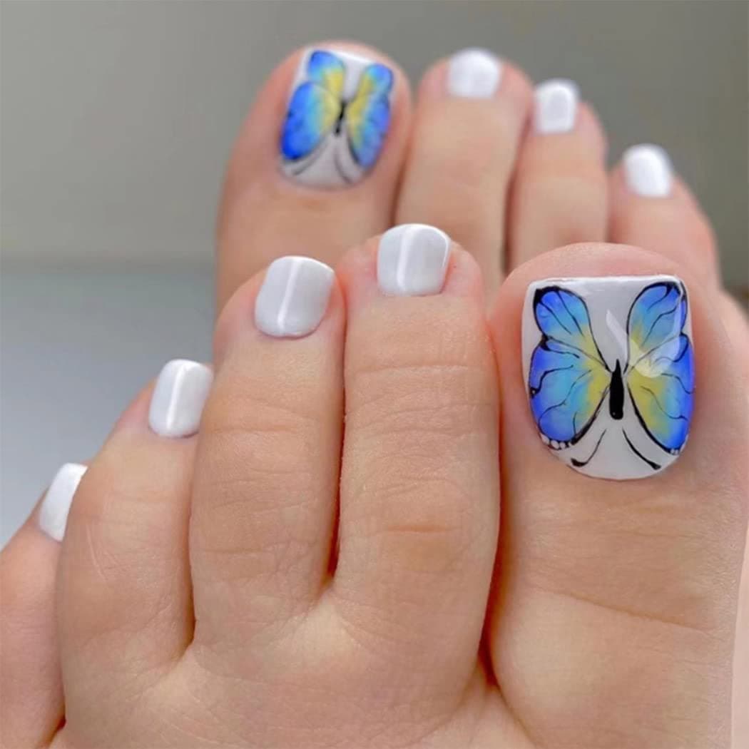 Aularso White Press on Toenails Short Butterfly Fake Toenails Square False Toenails Glossy Full Cover Acrylic Nails Design Faux Artificial Stick on Toenails for Women and Girls 24Pcs