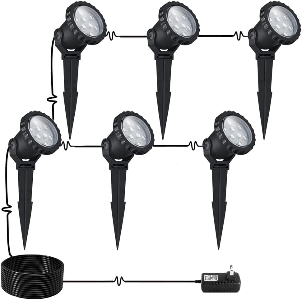 18W LED landscape light Outdoor Landscape Spotlights with Spike Stand 12V Low Voltage landscape lighting, IP66 Waterproof Garden Yard Trees Flags Pathway Lights Warm White(800LM, 3000K), 6pack,UL Plug