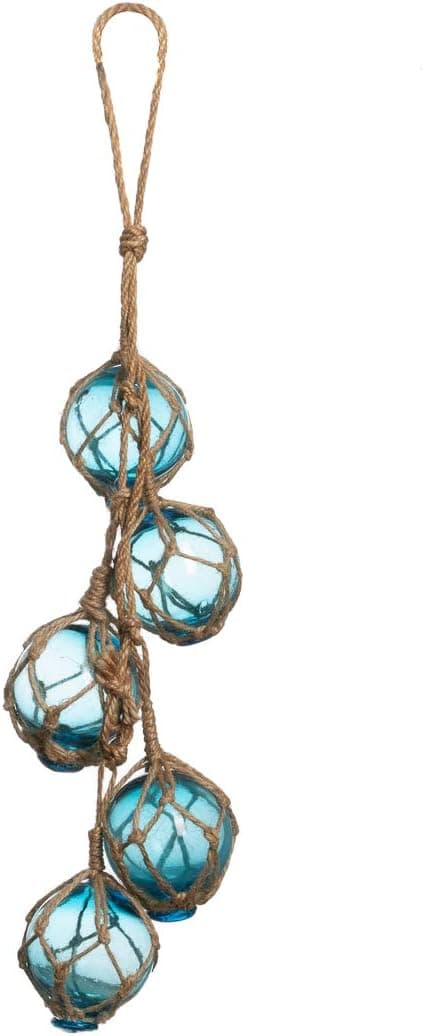 Glass Fishing Floats | Aqua Japanese Glass Floats Strand 2" | Nautical Rope Ball | Strand of 5 | Nautical Themed Wall Decor | Beach House Decor | Glass Buoys for Decoration & Ocean Room Décor