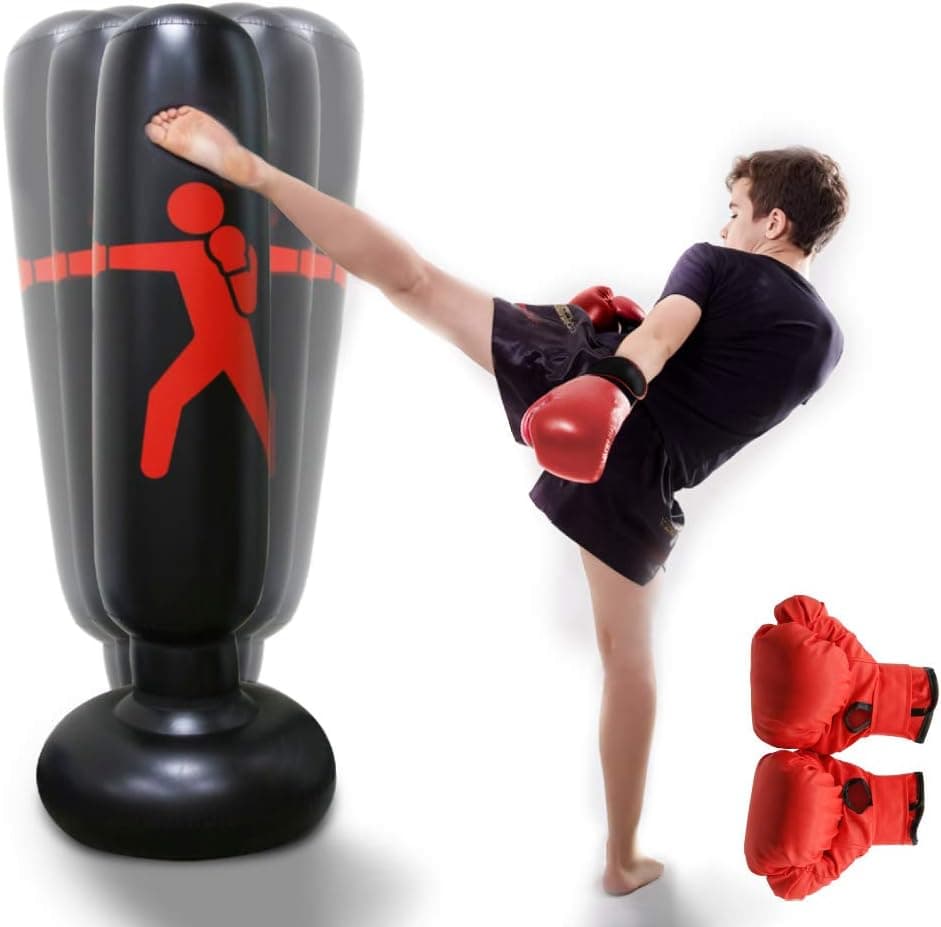 HANDSONIC Inflatable Boxing Punching Bag, Fitness Punching Bag for Kids/Adult, Vertical Boxing Column Tumbler Sandbags Practice Karate Training Taekwondo Equipment -with Boxing Gloves(63")