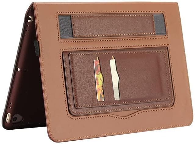 iPad Air/Air2/2017/2018 New iPad/pro 9.7 inch Case- Leather Smart Stand Folio Business Case Cover with Card Slots,Kickstand,Document Pocket,Pencil Holder,Elastic Hand Strap(Dark Brown)
