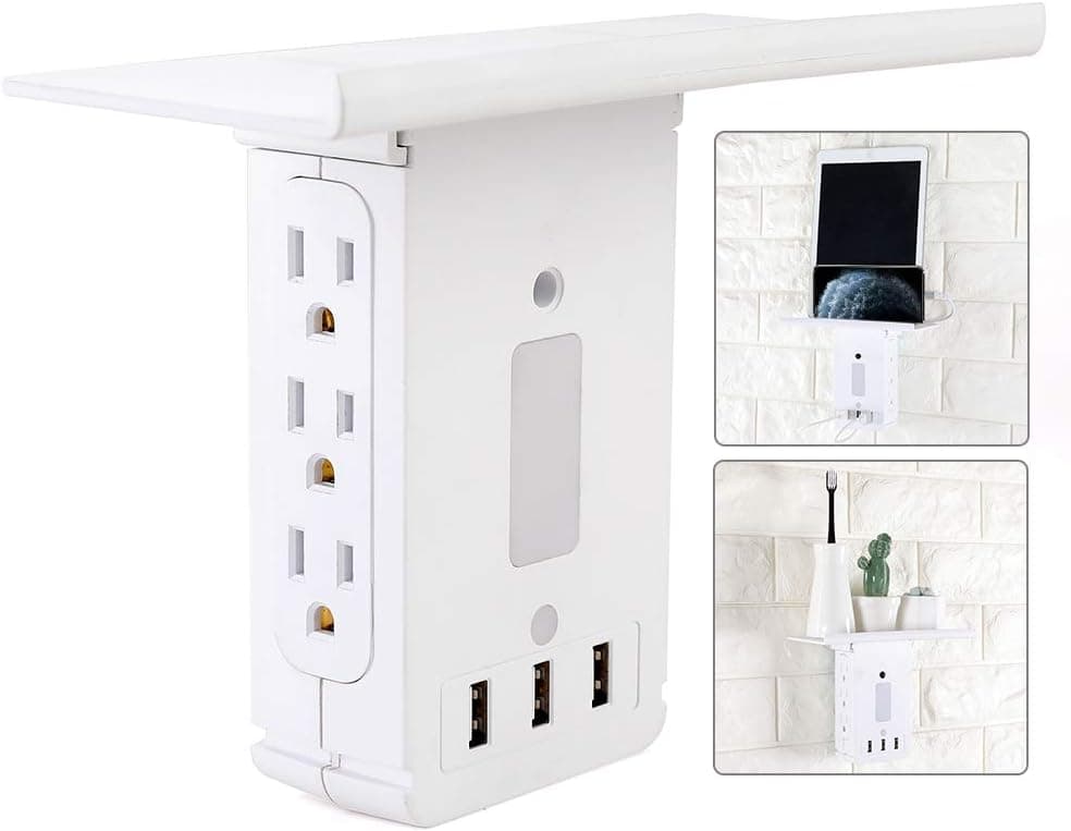 USB Power Strip Shelf Socket Surge Protector 8 Port Wall Outlet-6 AC Outlet and 2 USB Ports 3.4A, LED Sensor Night Light with Power Switch, Removable Built-in Shelf, FCC Listed, White (3.4A)…