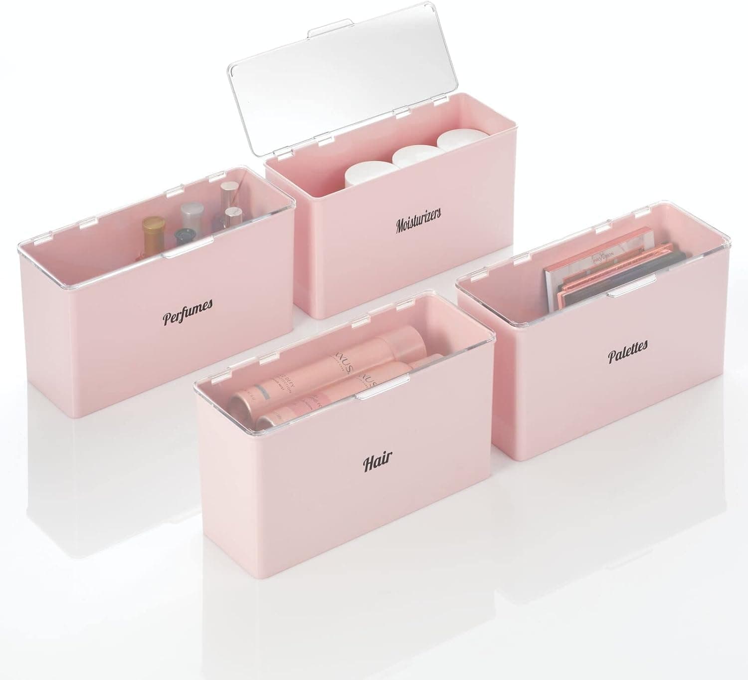 mDesign Plastic Stackable Cosmetic Organizer Box with Hinged Lid - Makeup and Beauty Storage for Organizing Bathroom Countertop, Cabinet, Vanity, Shelf - Includes 4 Bins, 32 Labels, Light Pink/Clear