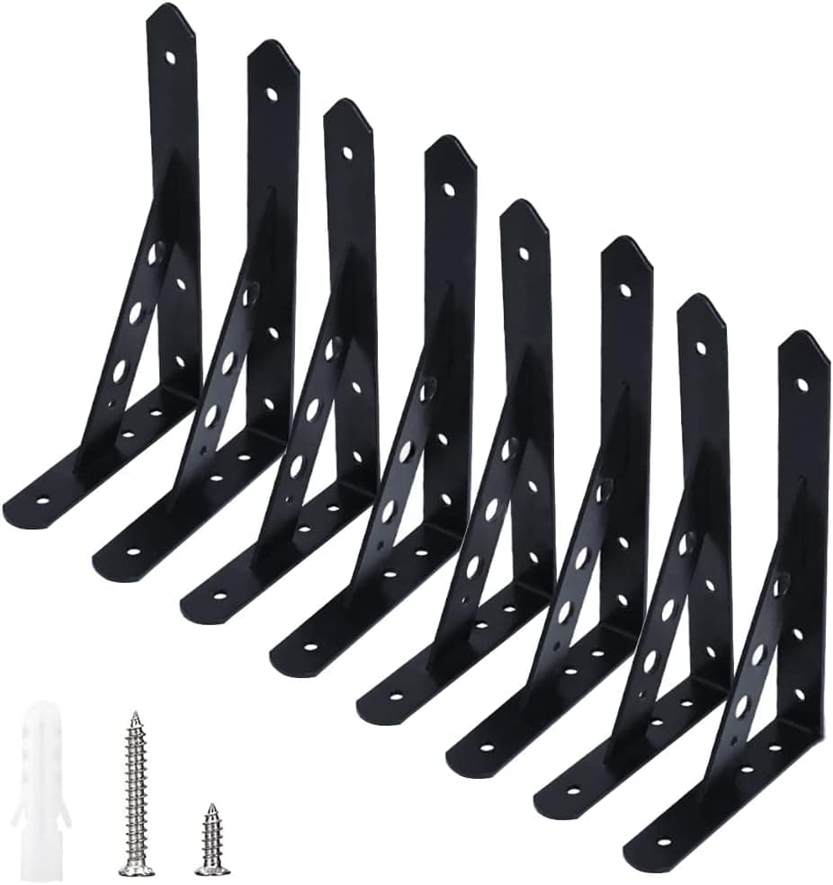 PTINBG Heavy Duty Shelf L-Brackets 8 Pack - 12" x 7.5" Heavy Duty Black Metal Brackets with Screws - 90 Degree Triangle Angle Brackets -Space Saving DIY Home Decor Triangle Shelf Brackets (8 Pcs)