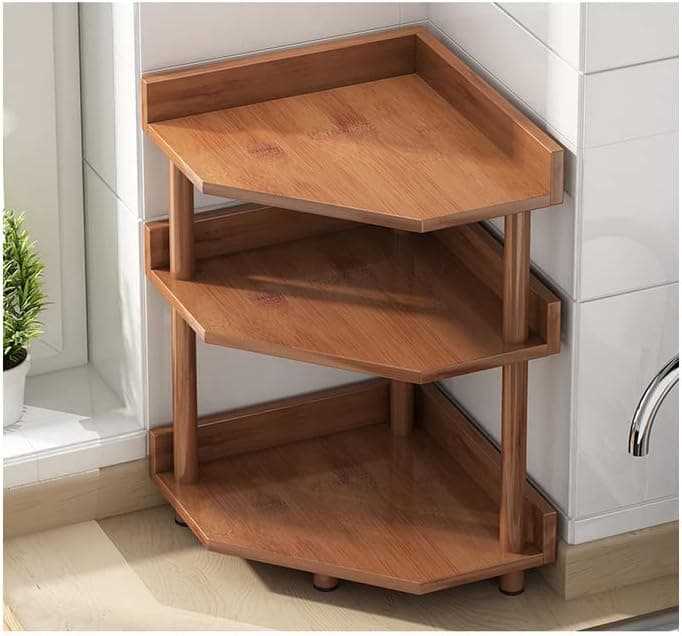 Jniture Corner Shelf,3 Tier Free Standing Corner Rack for Bathroom Kitchen,Brown Corner Storage Stand, 12.2”(L) x 16.5”(W) x 24.8”(H)
