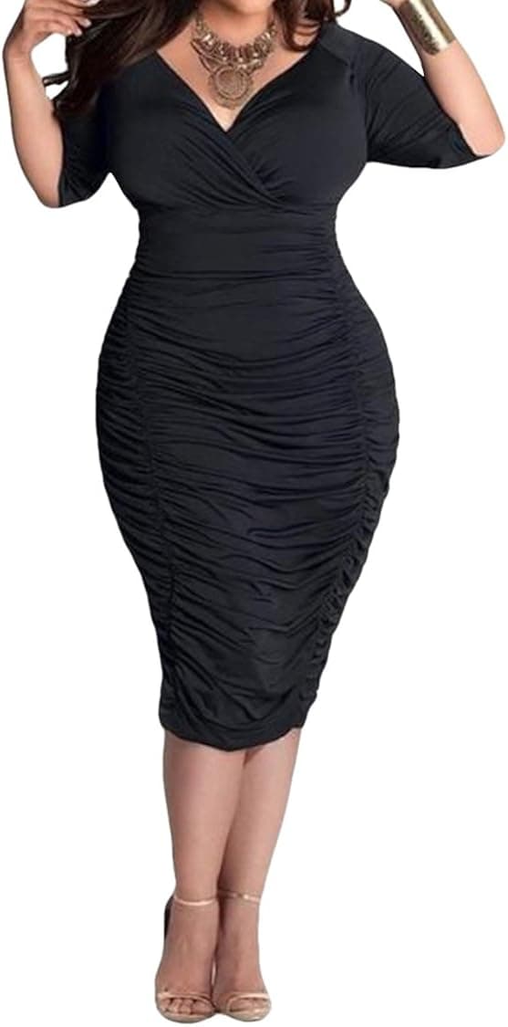 LaSuiveur Womens V Neck Half Sleeves Sexy Plus Size Ruched Midi Dress