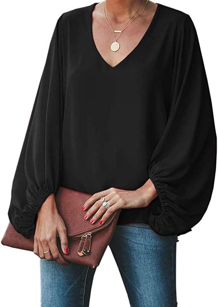 Womens V Neck Chiffon Blouses Casual Balloon Sleeve Floral Print Shirts Tops
