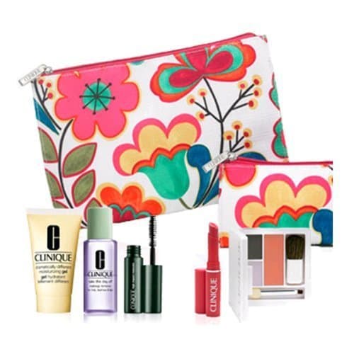 Brand New Clinique 2012 Fall 7 Pcs Gift Set: Dramatically Different Moisturizing Gel, Colour Surge Eye Shadow Duo with Soft-pressed Powder Blusher, High Impact Mascara, Take the Day Off Makeup Remover, Almost Lipstick in Fliity Honey and Two Floral Cosmetics Bags. $65 Value