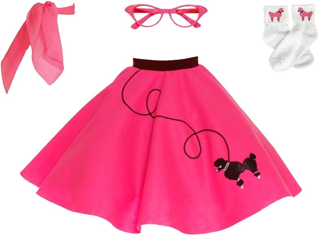 Hip Hop 50's Shop 1950s Poodle Skirt with Scarf, Bobby Socks, and Glasses, 4 Piece Children’s Costume …