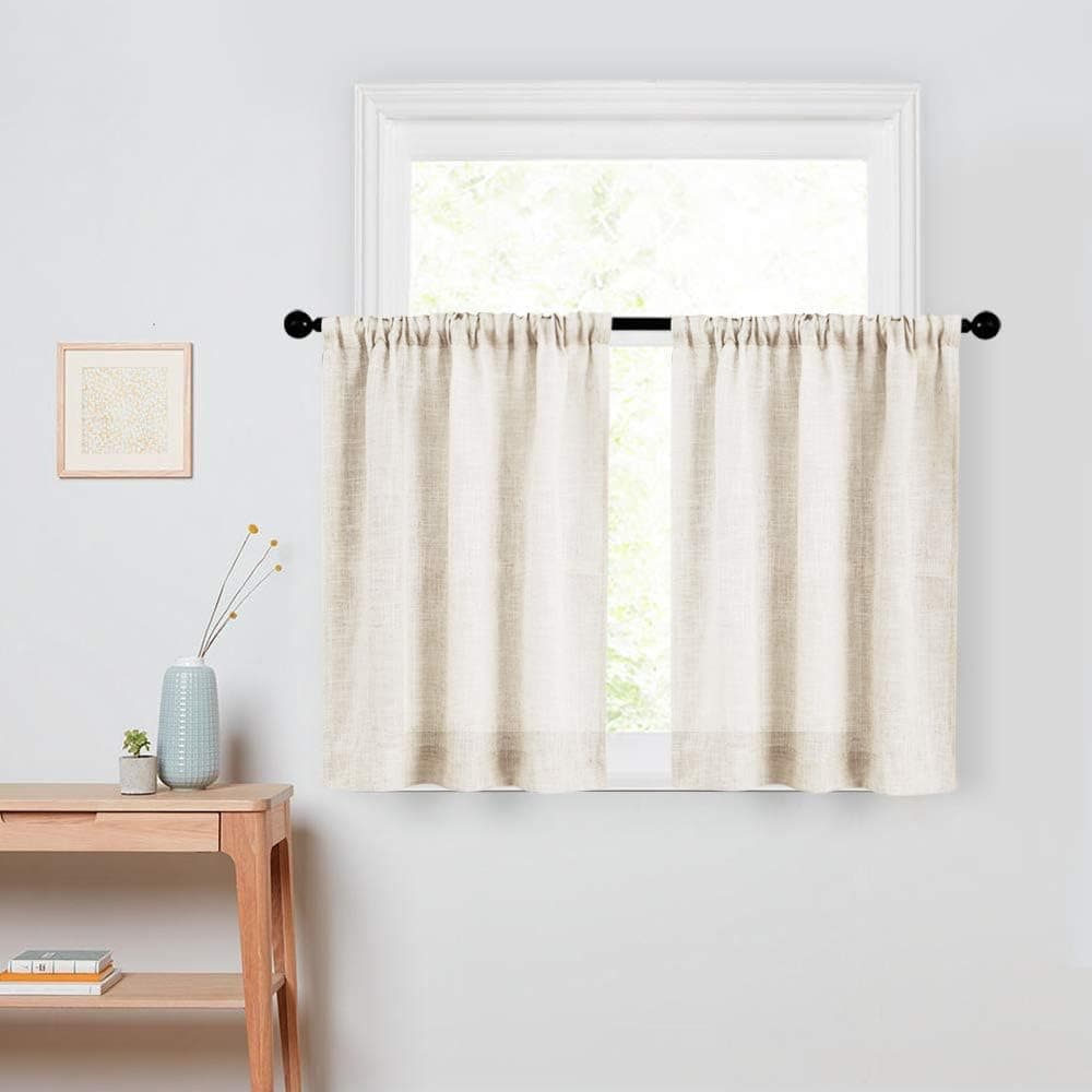 Flax Linen Textured Sheer Curtain Tiers 34x45 Inch Length Kitchen Window Sheers Bathroom Short Curtain Panels Rod Pocket Cafe Curtains Light Filtering 2 Panels